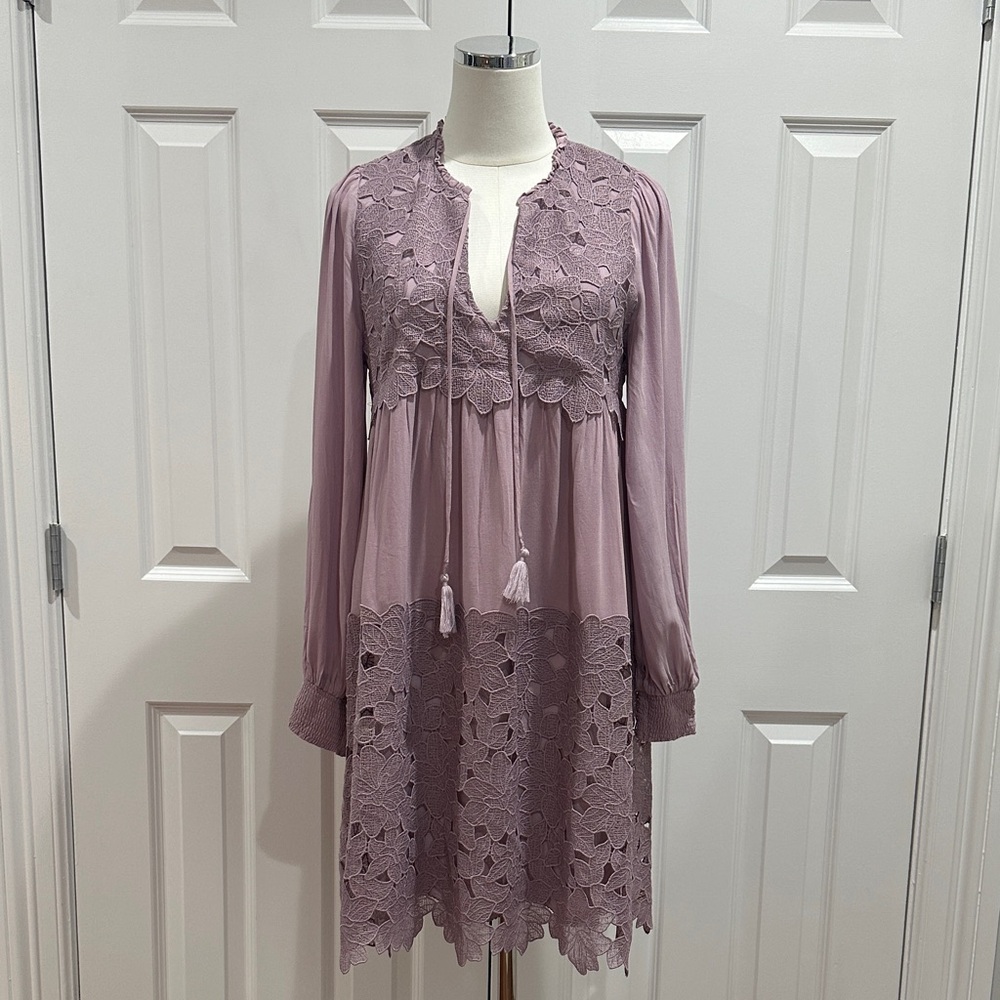 Anthropologie Mauve Purple Lace Inset Embroidered Boho Mini Tunic Dress Size S